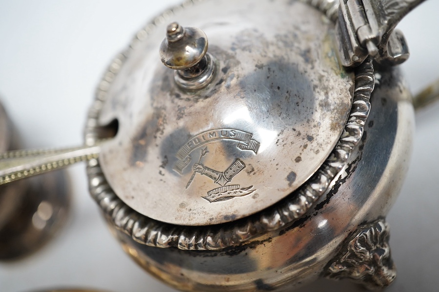 A collection of small silver to include two pepper pots, a mustard pot, a small hip flask, a pair of sugar tongs, a set of five Victorian fiddle pattern teaspoons, two other spoons and a butter knife, 544g gross. Conditi